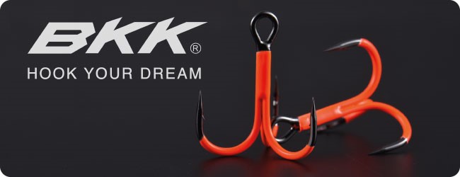 BKK Angelhaken in auffälligem Orange vor schwarzem Hintergrund mit dem Slogan 'Hook Your Dream' – Hochwertiger Drilling für Angler.
